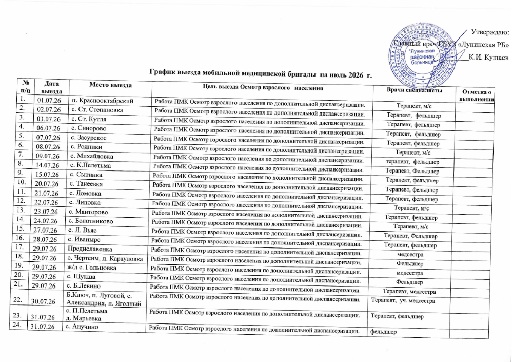 График выезда мобильной медицинской бригады на июль 2026